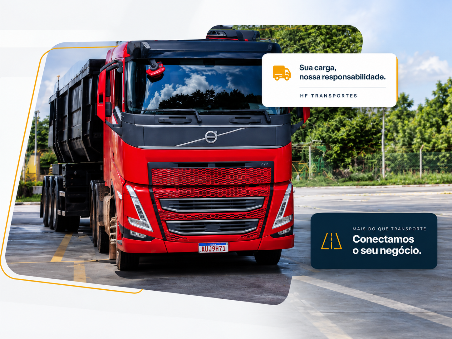 Caminhão Volvo vermelho da HF Transportes em destaque